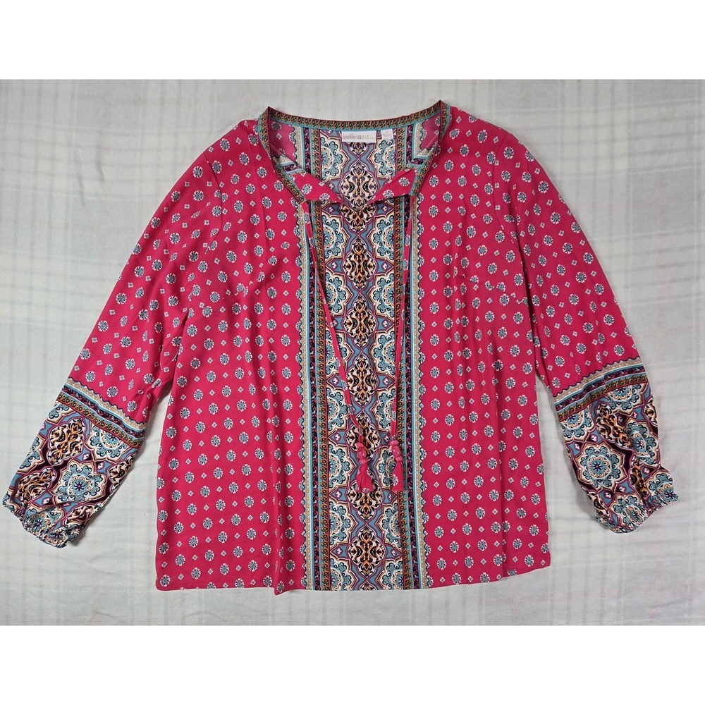 Belle Kim Gravel Top Pink Spring Break Border Print Peasant Blouse Womens 1X